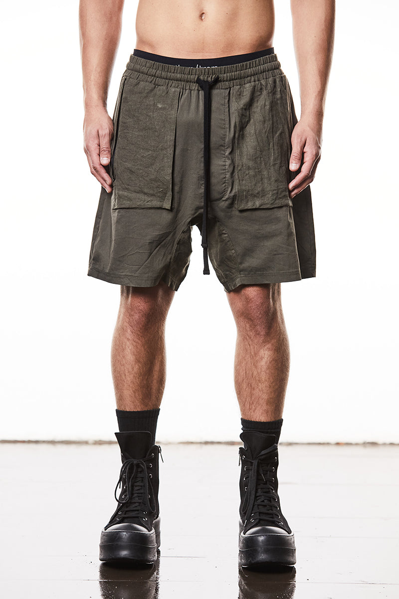 OLIVE NIGHT MATMIX DROP CROTCH SHORTS