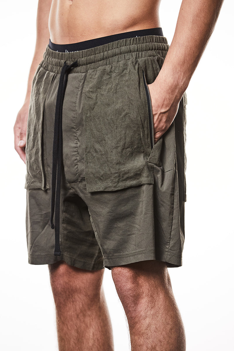 OLIVE NIGHT MATMIX DROP CROTCH SHORTS