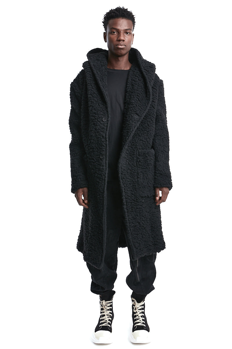 BLACK HOODED WOOL PARKA