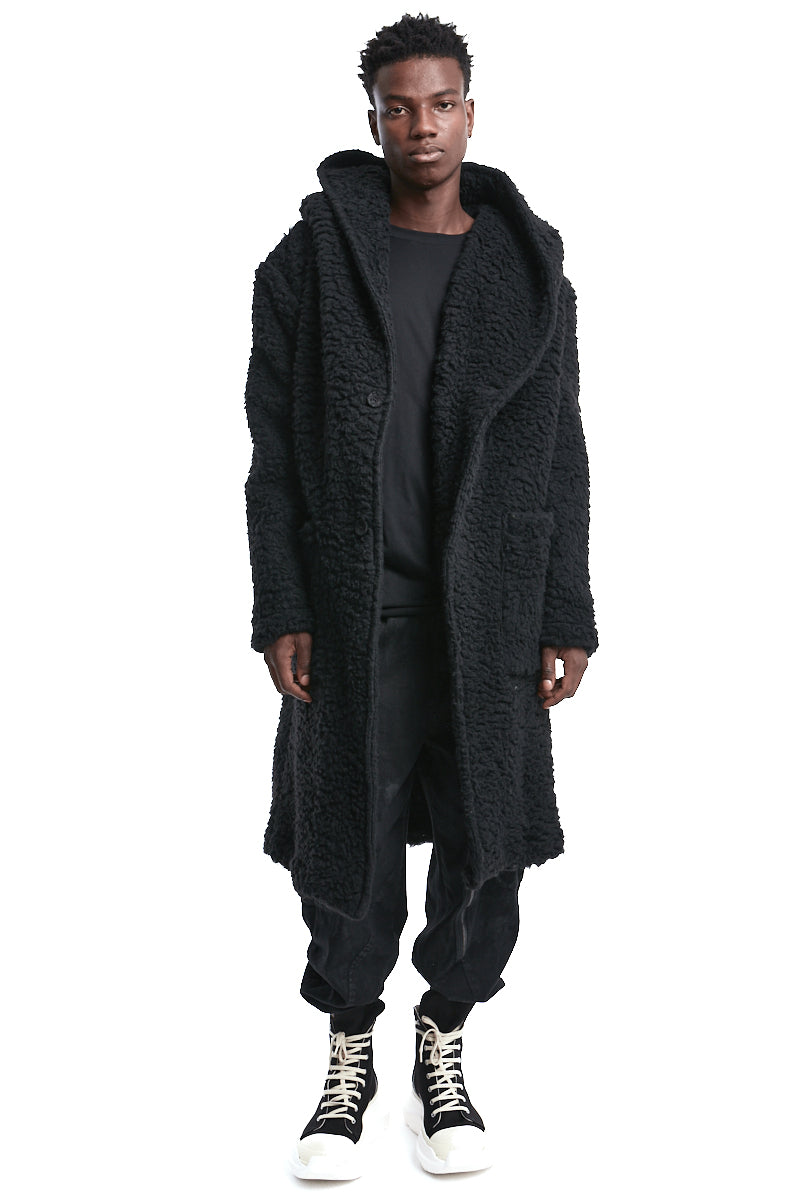 BLACK HOODED WOOL PARKA