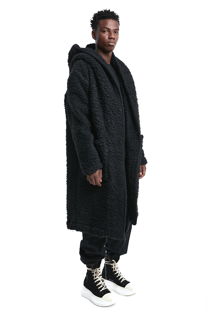 BLACK HOODED WOOL PARKA
