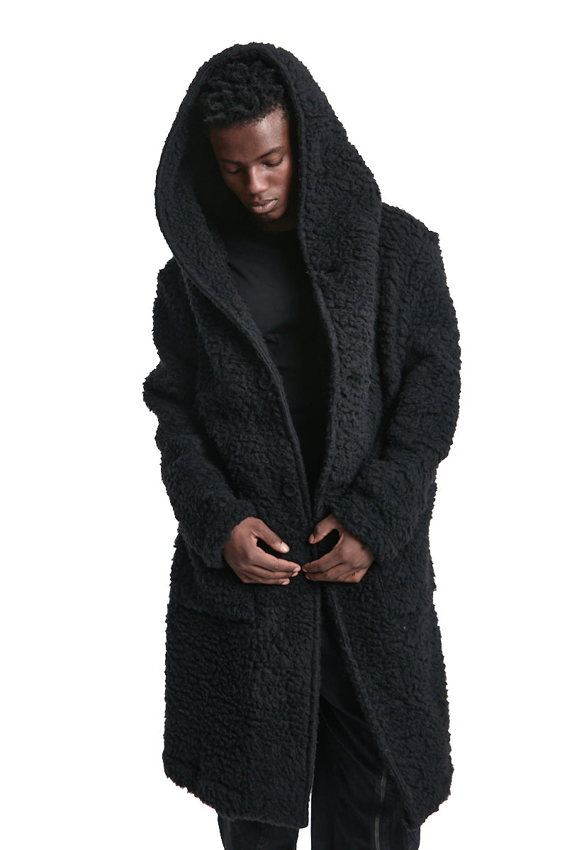 BLACK HOODED WOOL PARKA