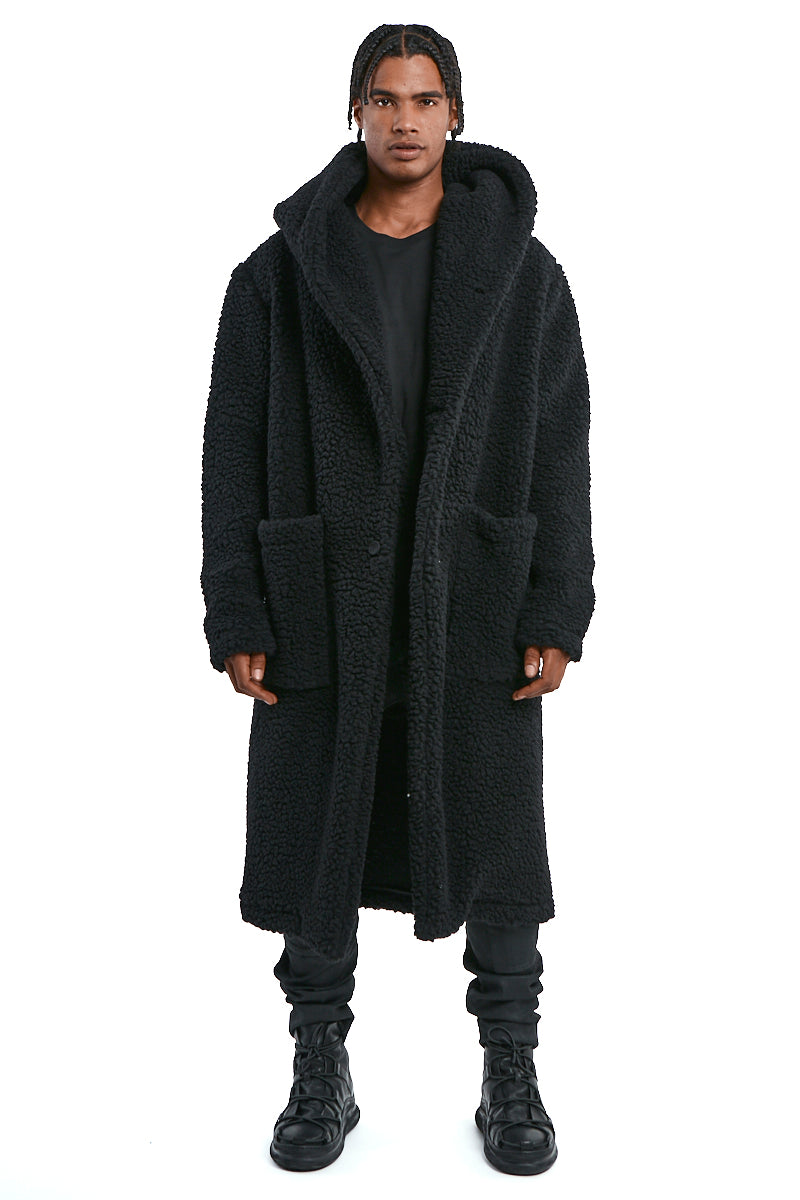 BLACK UNISEX WOOL HOODED COAT