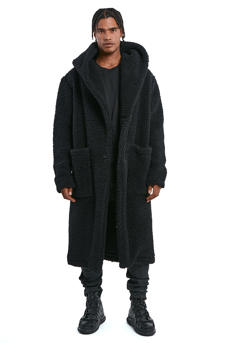BLACK UNISEX WOOL HOODED COAT