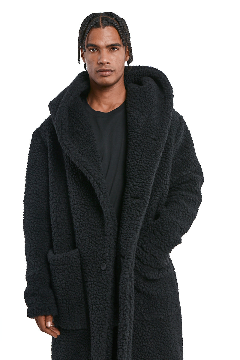 BLACK UNISEX WOOL HOODED COAT