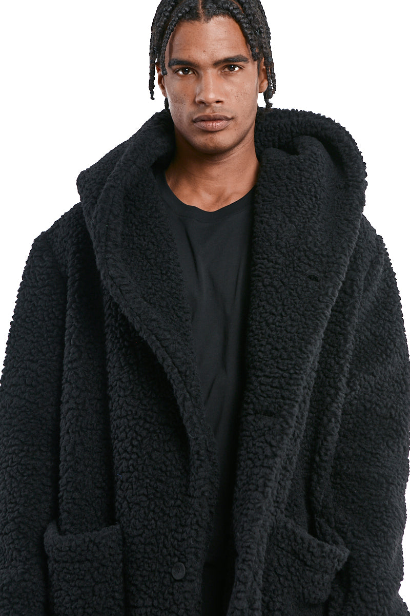 BLACK UNISEX WOOL HOODED COAT