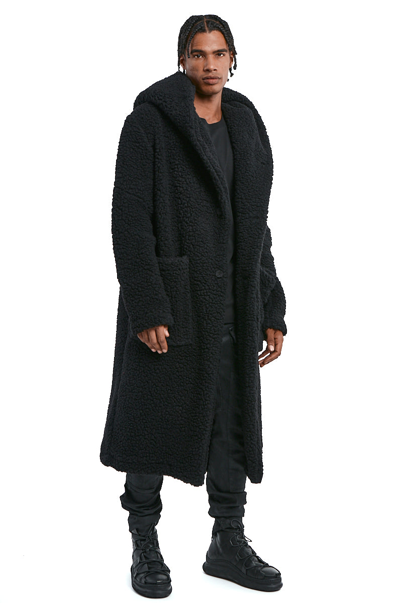 BLACK UNISEX WOOL HOODED COAT