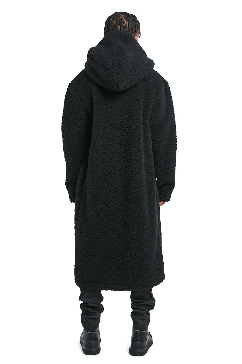 BLACK UNISEX WOOL HOODED COAT
