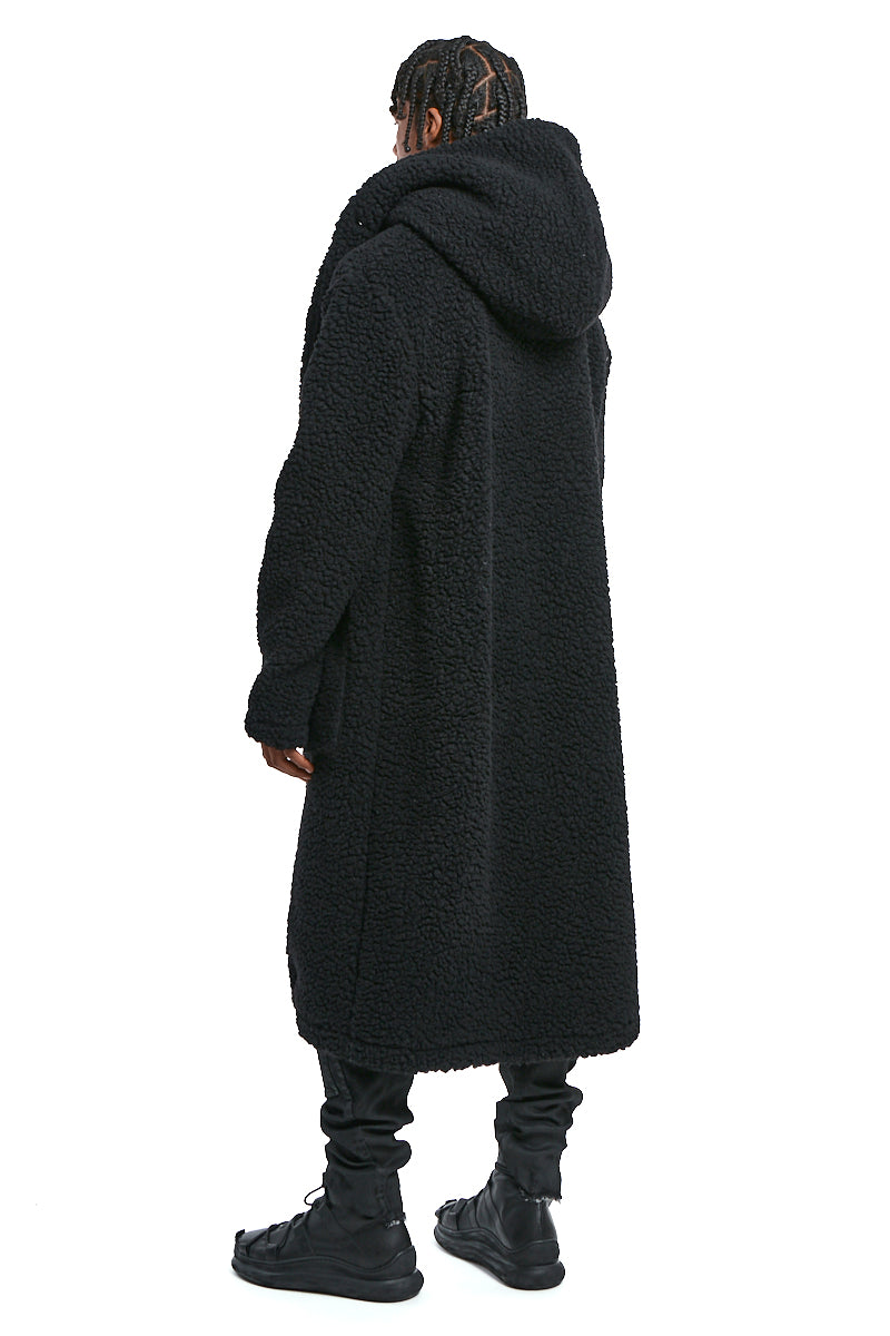 BLACK UNISEX WOOL HOODED COAT