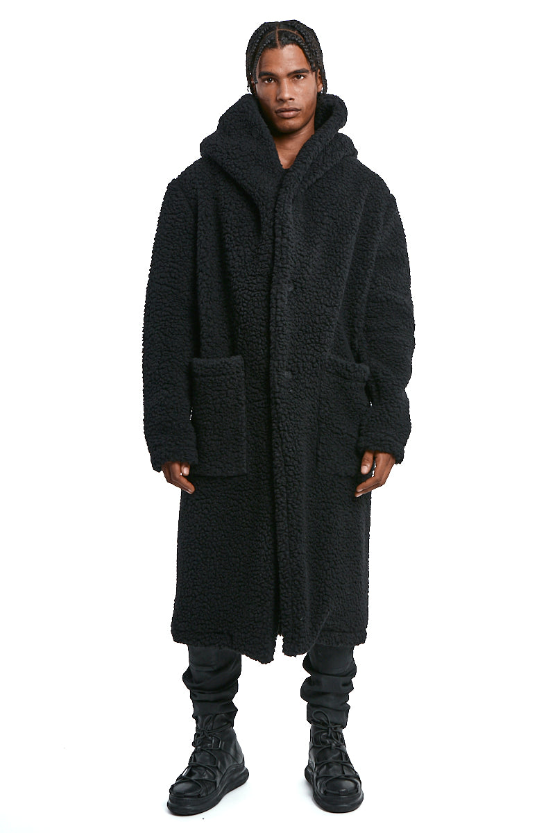 BLACK UNISEX WOOL HOODED COAT
