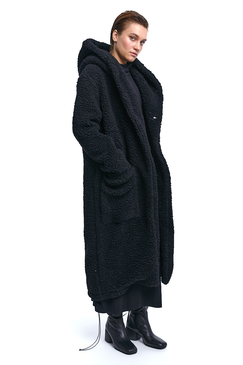 BLACK UNISEX WOOL HOODED COAT