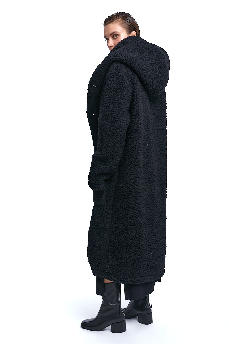 BLACK UNISEX WOOL HOODED COAT