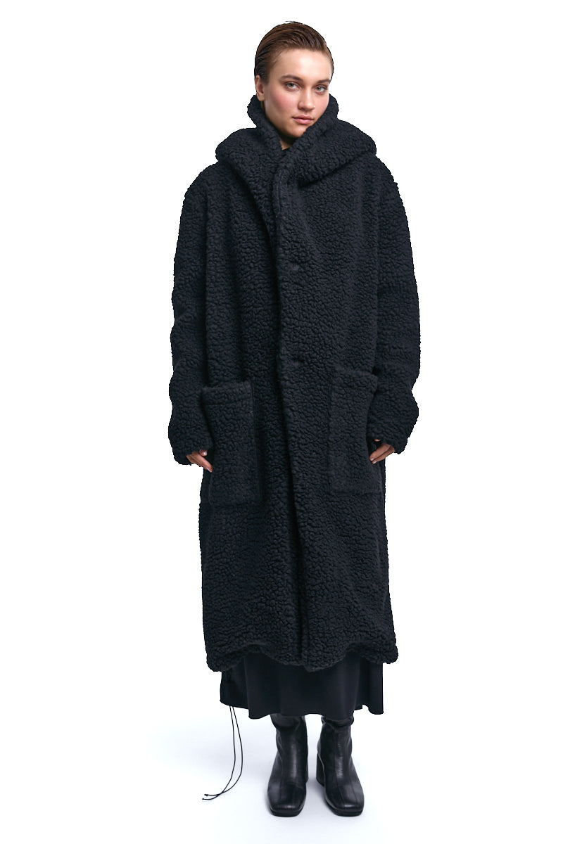 BLACK UNISEX WOOL HOODED COAT