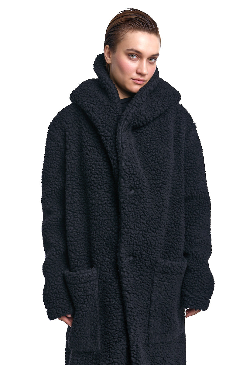 BLACK UNISEX WOOL HOODED COAT