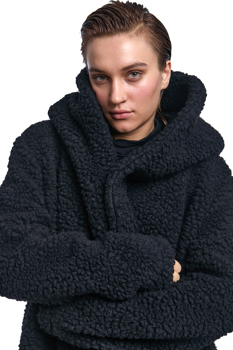 BLACK UNISEX WOOL HOODED COAT