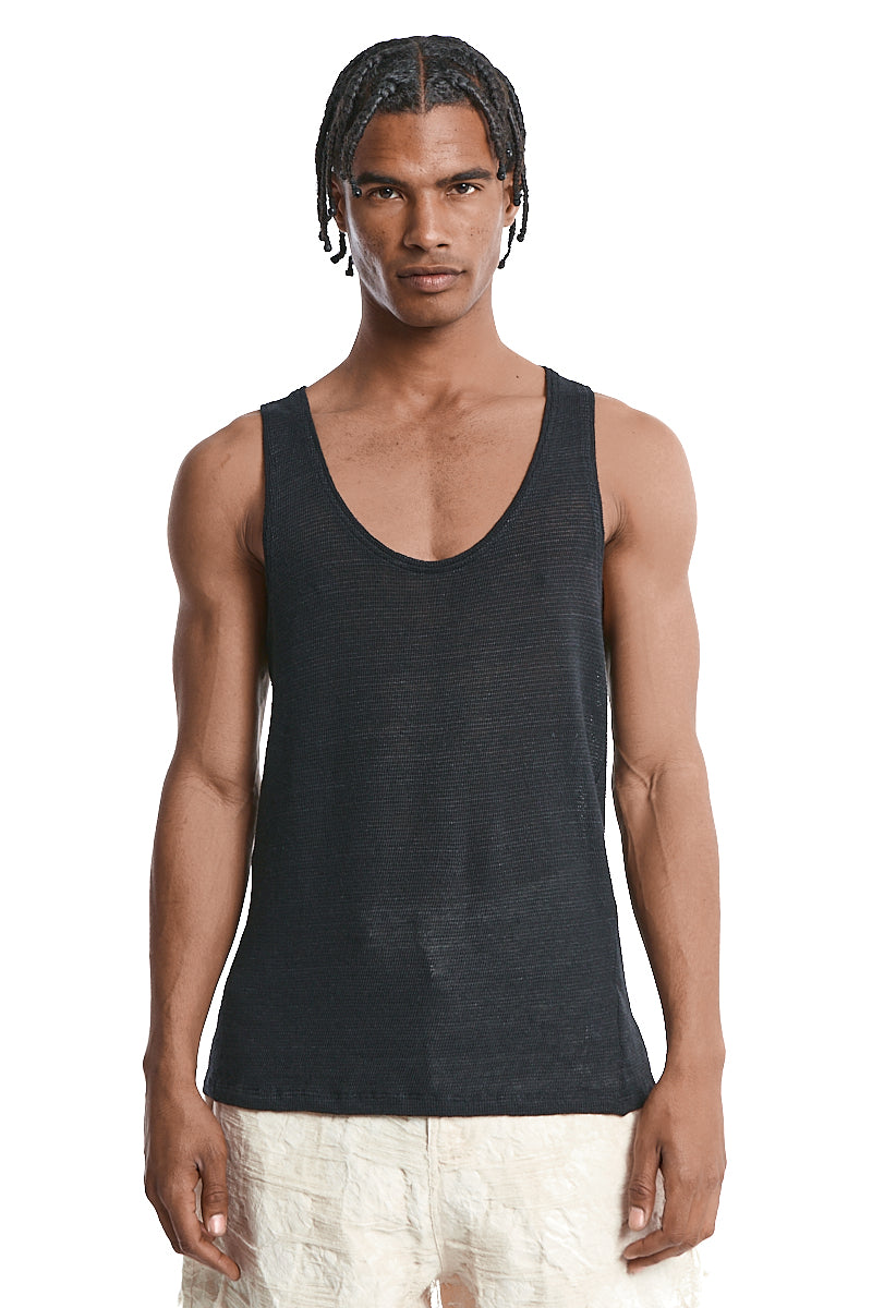 BLACK KNITTED LINEN TANK TOP