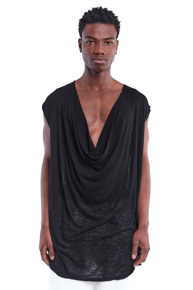 BLACK DRAPED LOW-CUT TOP