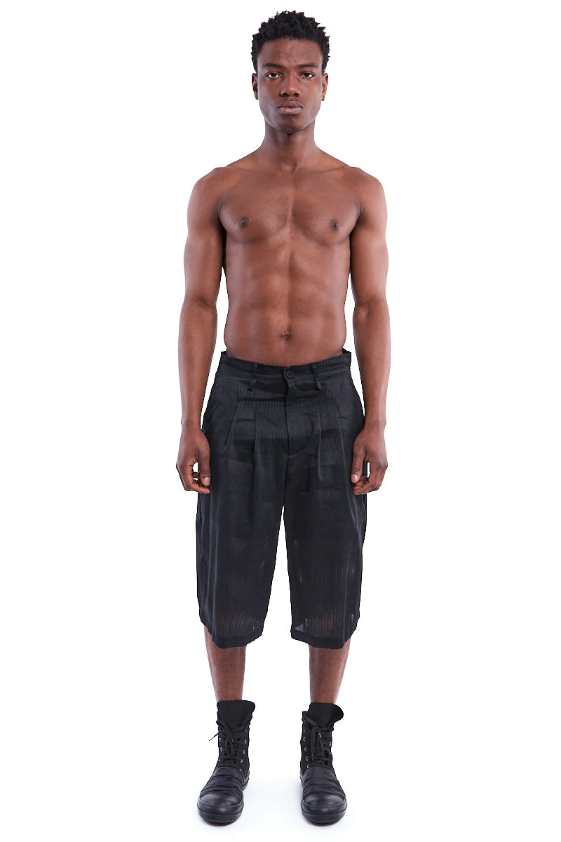 BLACK LINEN PLEATED SHORTS