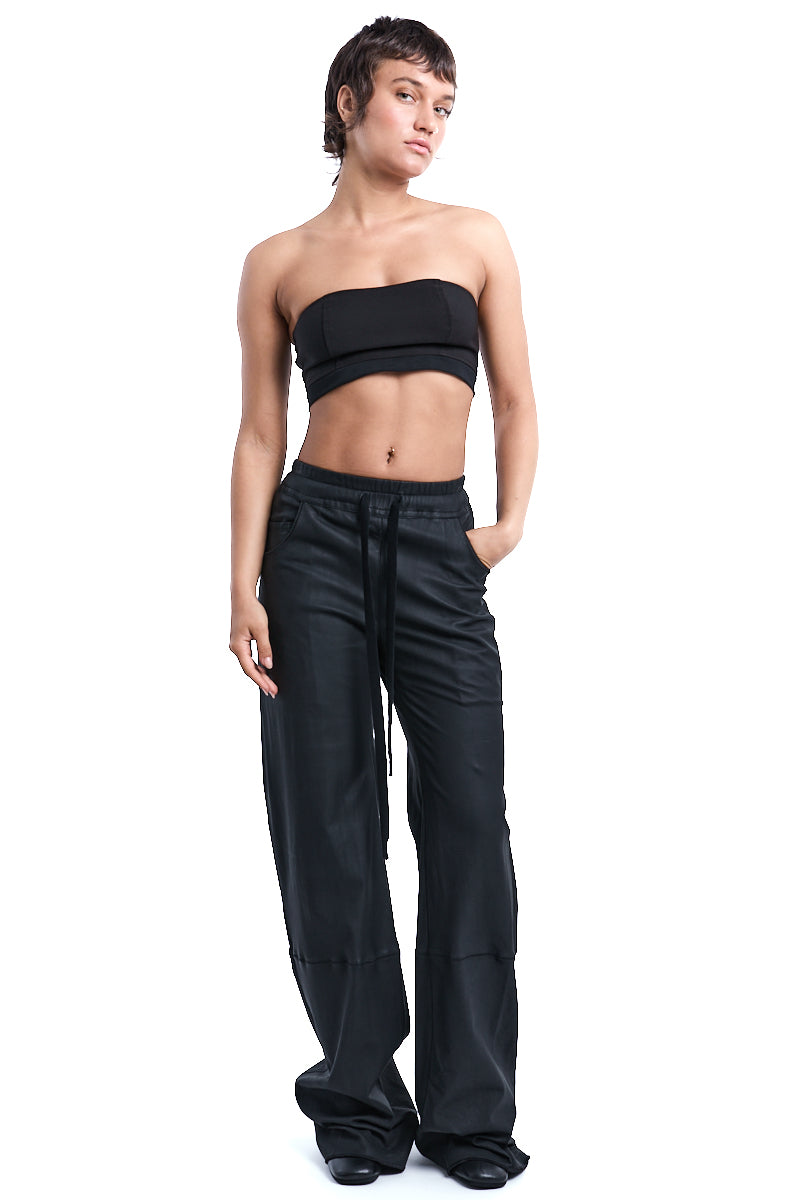 BLACK LAMB LEATHER WIDE PANTS