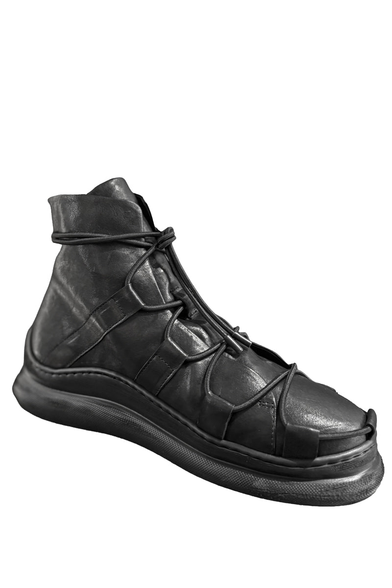 BLACK LACED LEATHER HIGH TOP SNEAKERS