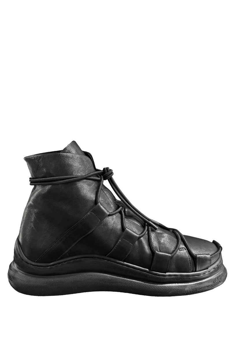 BLACK LACED LEATHER HIGH TOP SNEAKERS