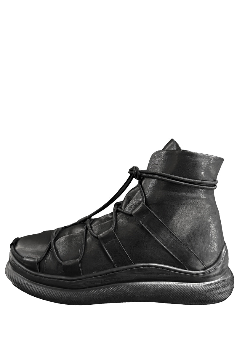 BLACK LACED LEATHER HIGH TOP SNEAKERS