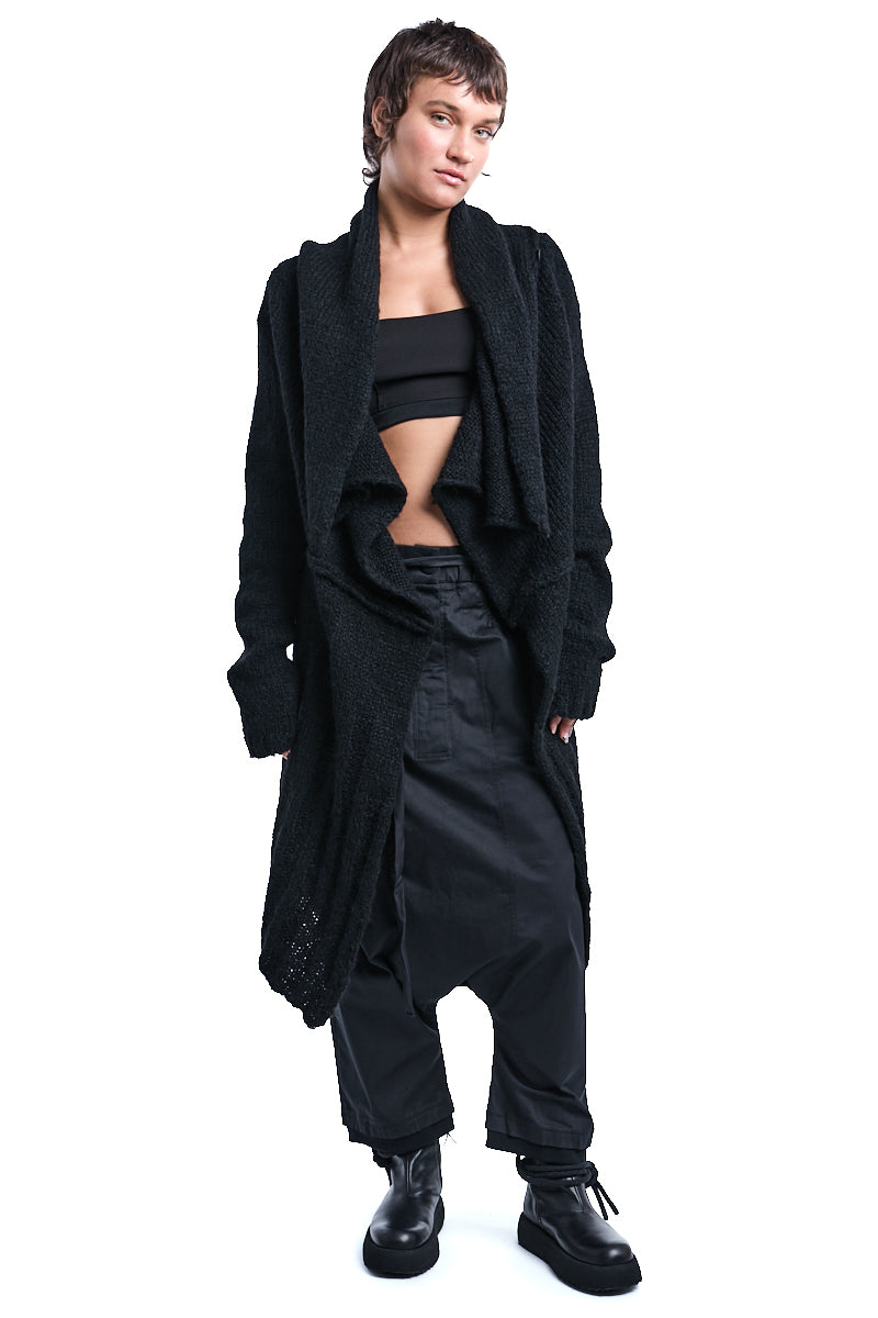 BLACK DRAPED KNITTED CARDIGAN