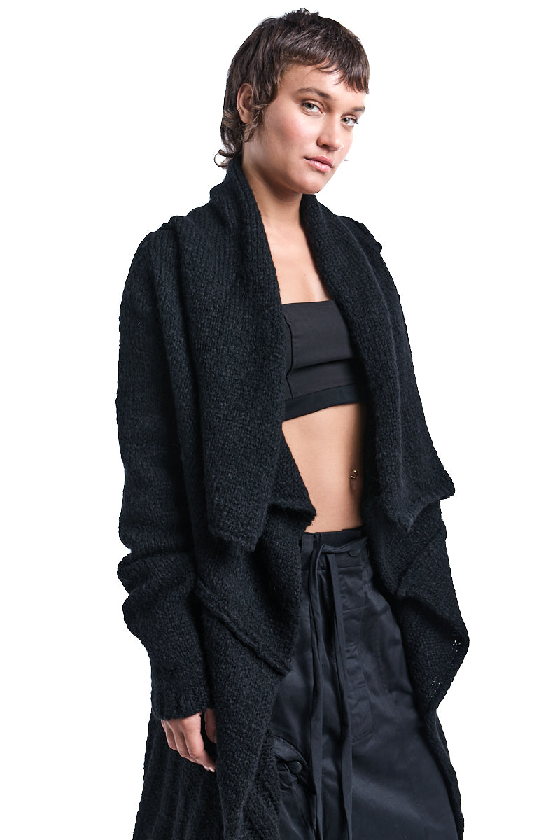 BLACK DRAPED KNITTED CARDIGAN
