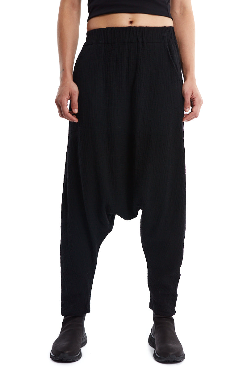 BLACK TEXTURED LOW CROTCH PANTS