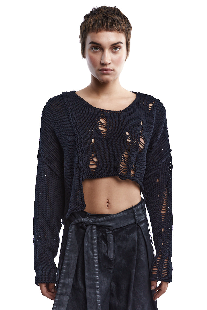 BLACK CROPPED OPENWORK JUMPER