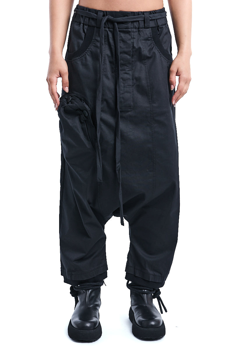 BLACK OVER DROPPED CROTCH PANTS