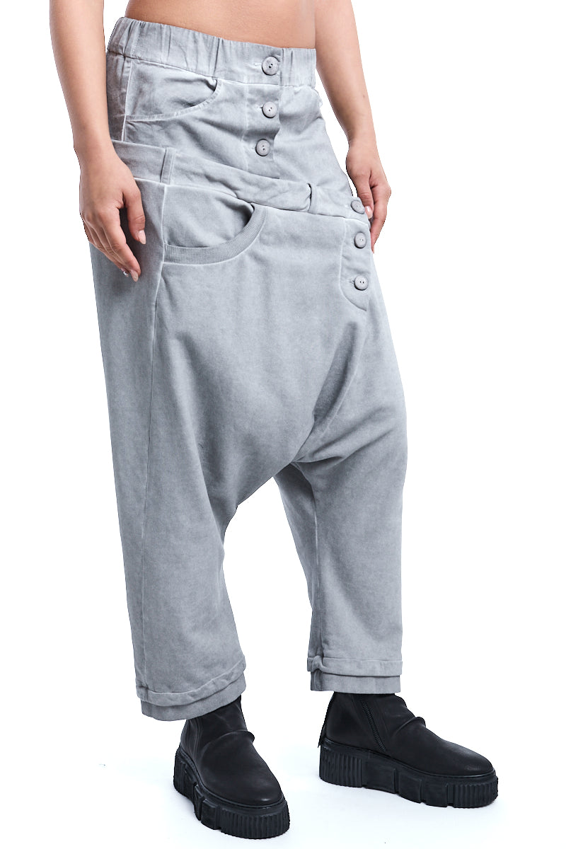 PEARL MIXED FABRIC DOUBLE WAISTBAND PANTS