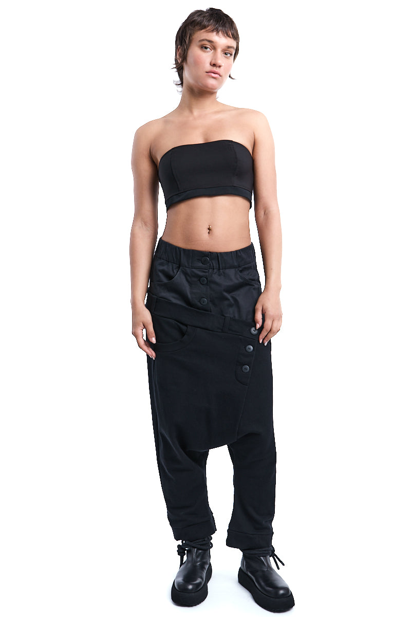 BLACK MIXED FABRIC DOUBLE WAISTBAND PANTS