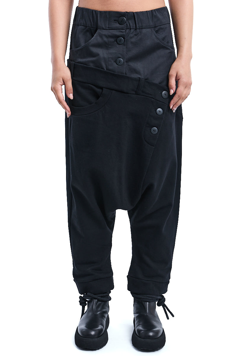 BLACK MIXED FABRIC DOUBLE WAISTBAND PANTS