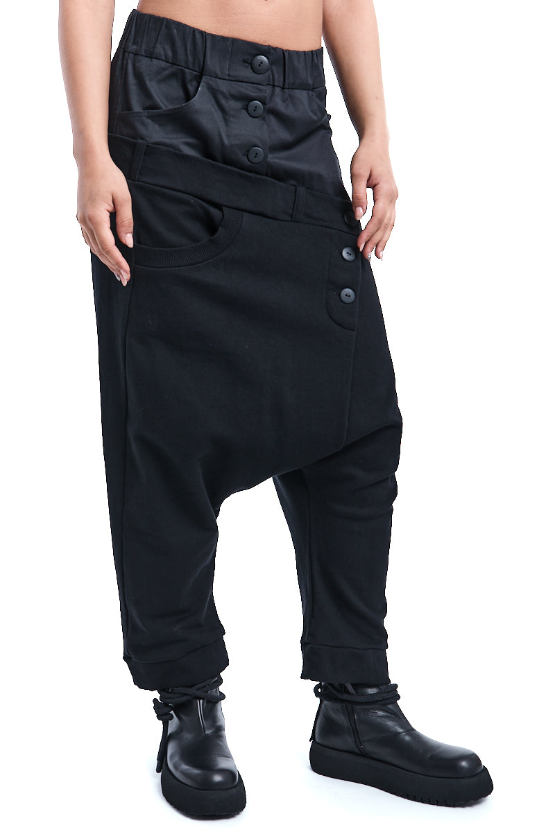 BLACK MIXED FABRIC DOUBLE WAISTBAND PANTS