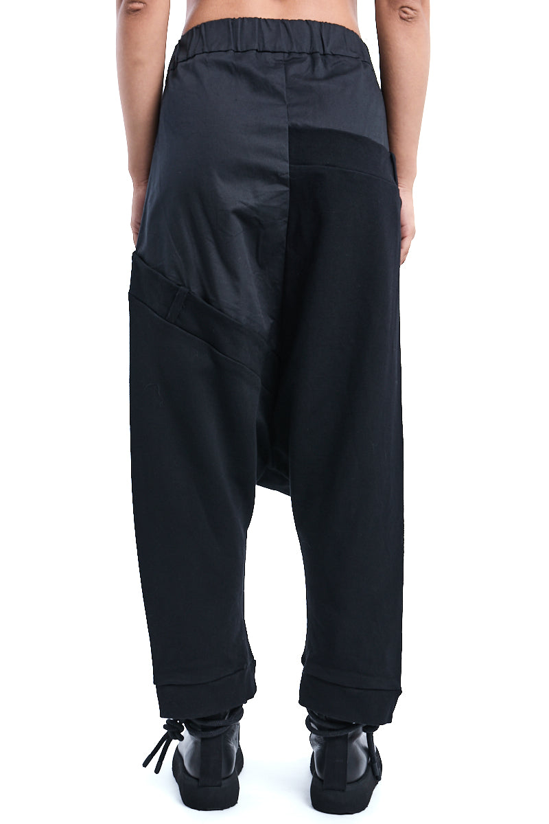 BLACK MIXED FABRIC DOUBLE WAISTBAND PANTS