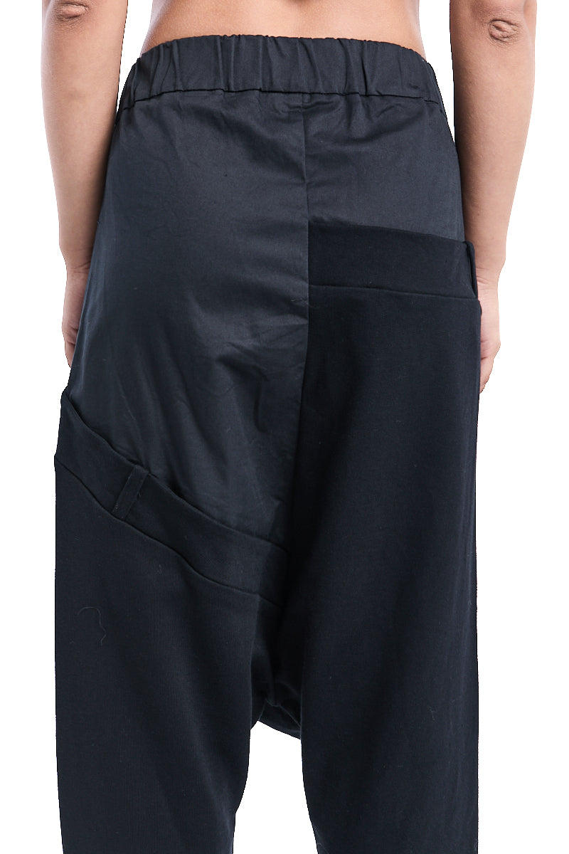 BLACK MIXED FABRIC DOUBLE WAISTBAND PANTS