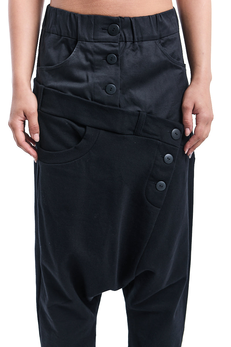 BLACK MIXED FABRIC DOUBLE WAISTBAND PANTS