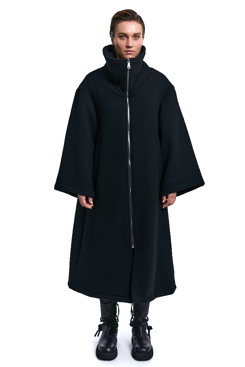 BLACK WOOL BLEND CLOTH OVERCOAT