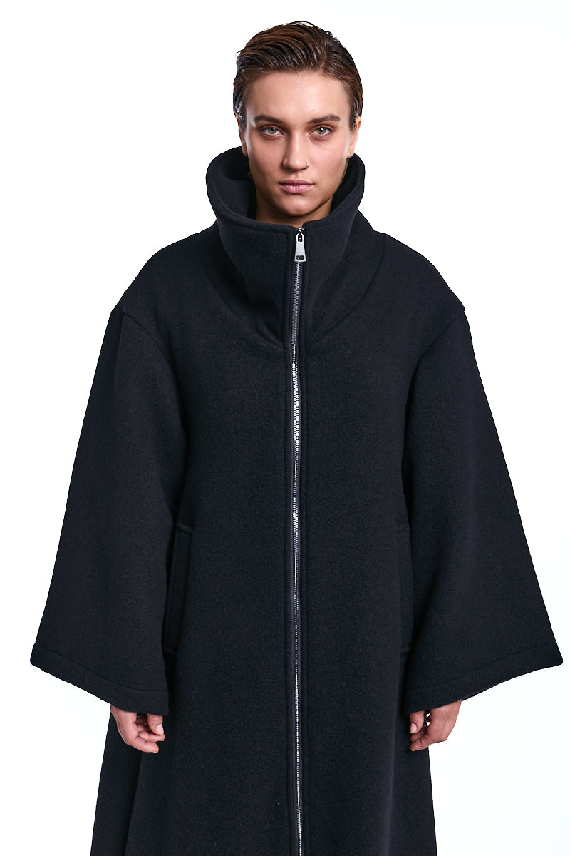 BLACK WOOL BLEND CLOTH OVERCOAT