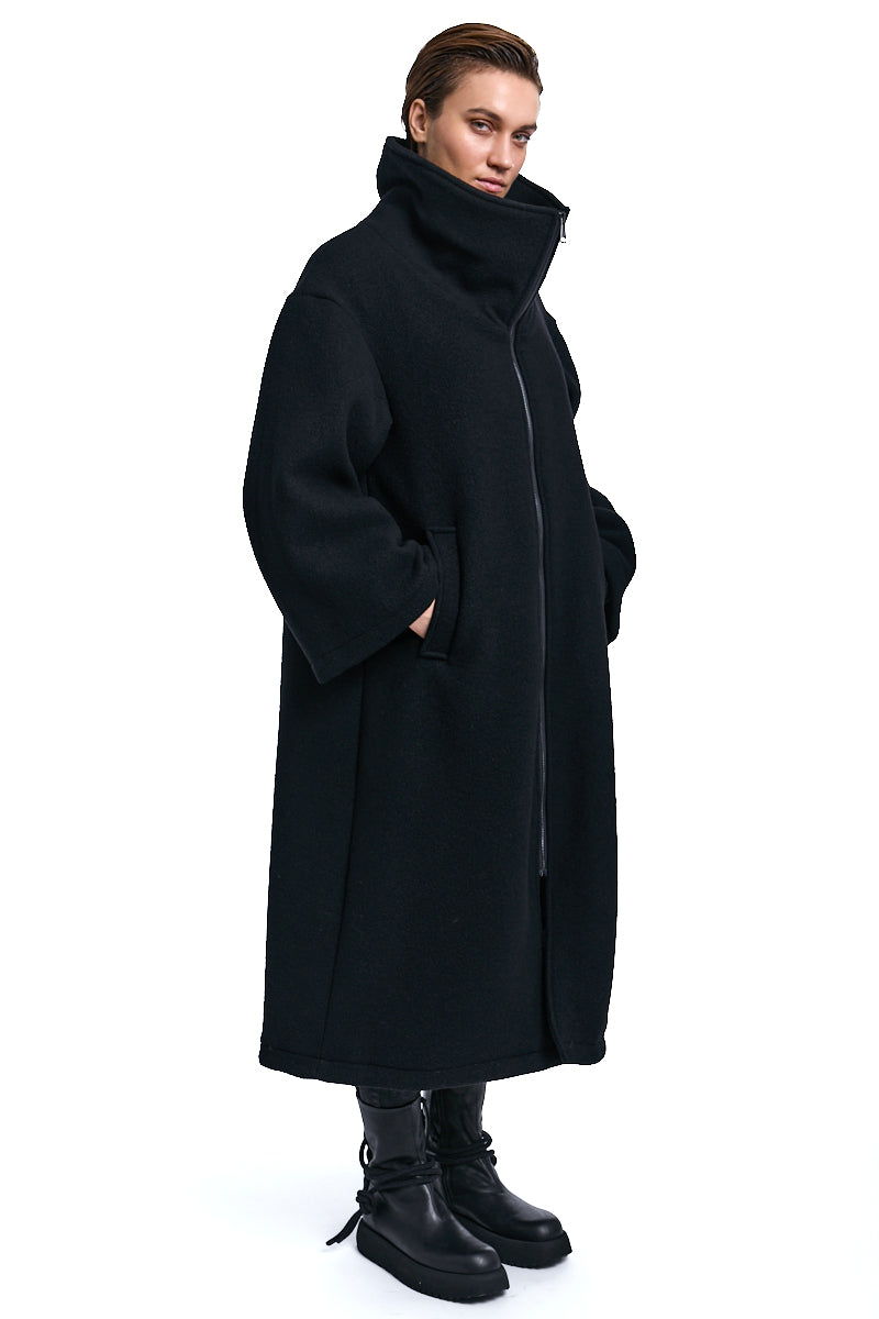 BLACK WOOL BLEND CLOTH OVERCOAT