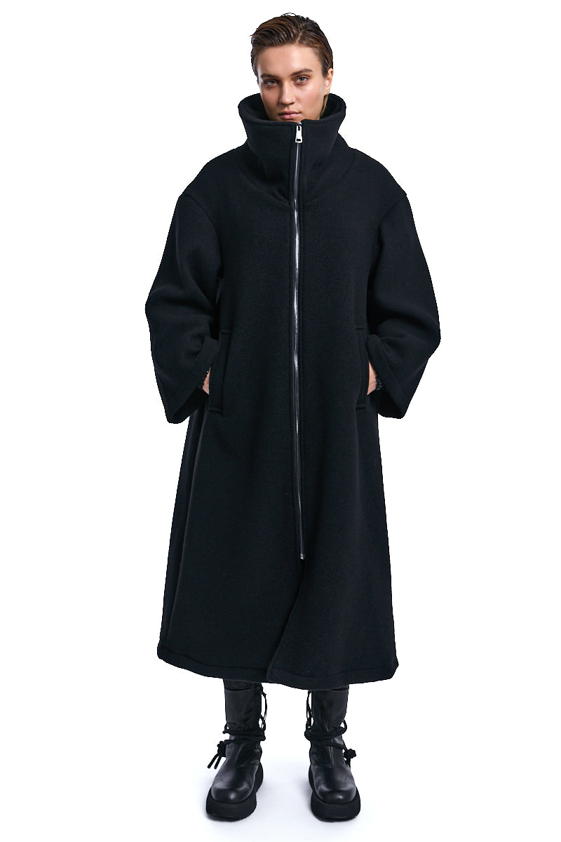 BLACK WOOL BLEND CLOTH OVERCOAT