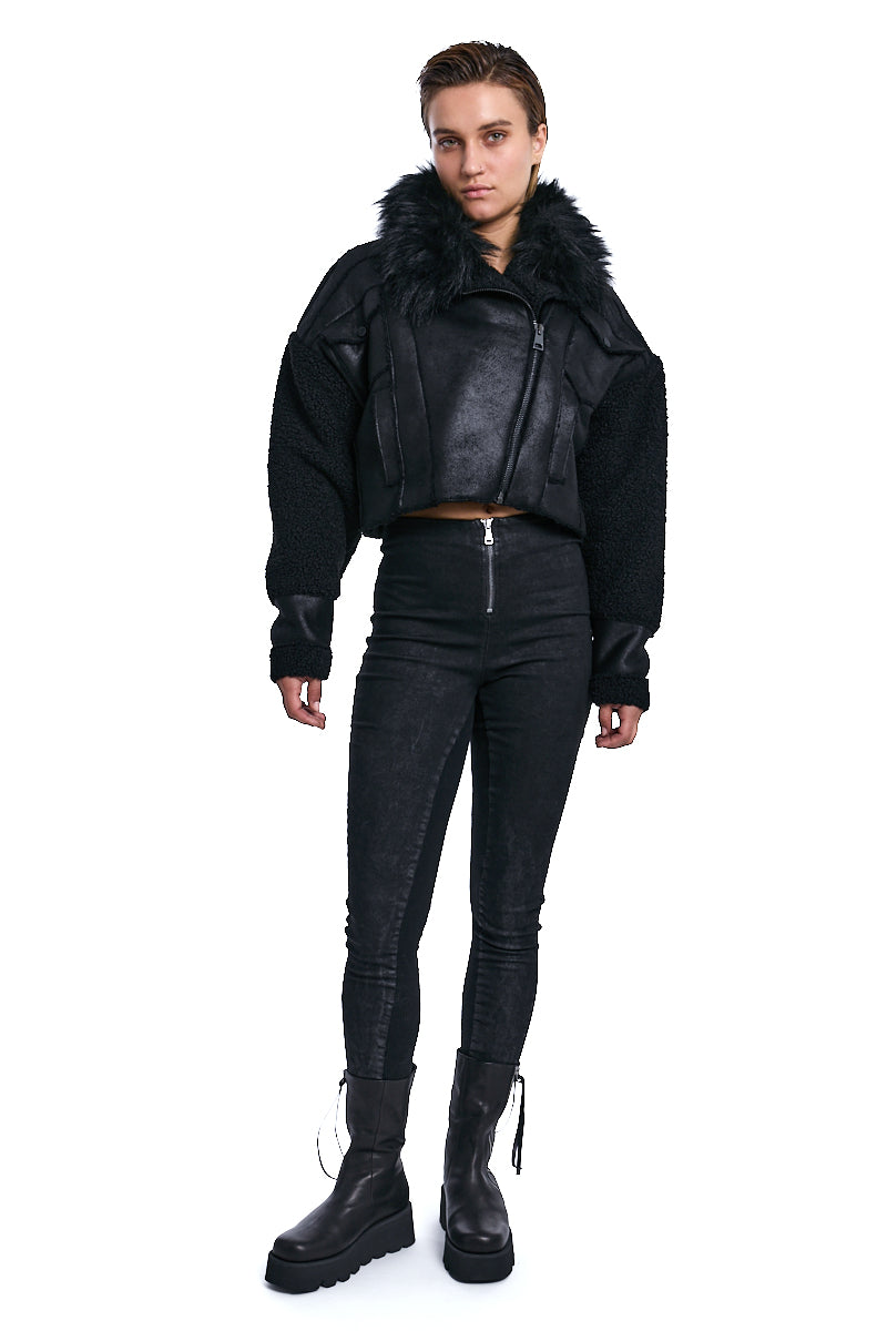 BLACK CROPPED VEGAN SHEEPSKIN &amp; FUR JACKET