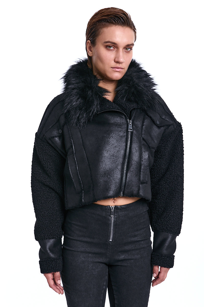 BLACK CROPPED VEGAN SHEEPSKIN & FUR JACKET