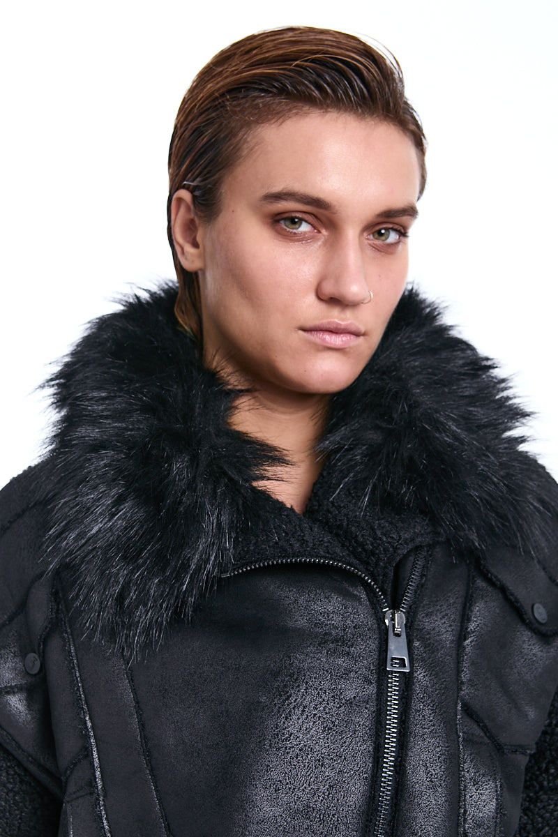 BLACK CROPPED VEGAN SHEEPSKIN &amp; FUR JACKET