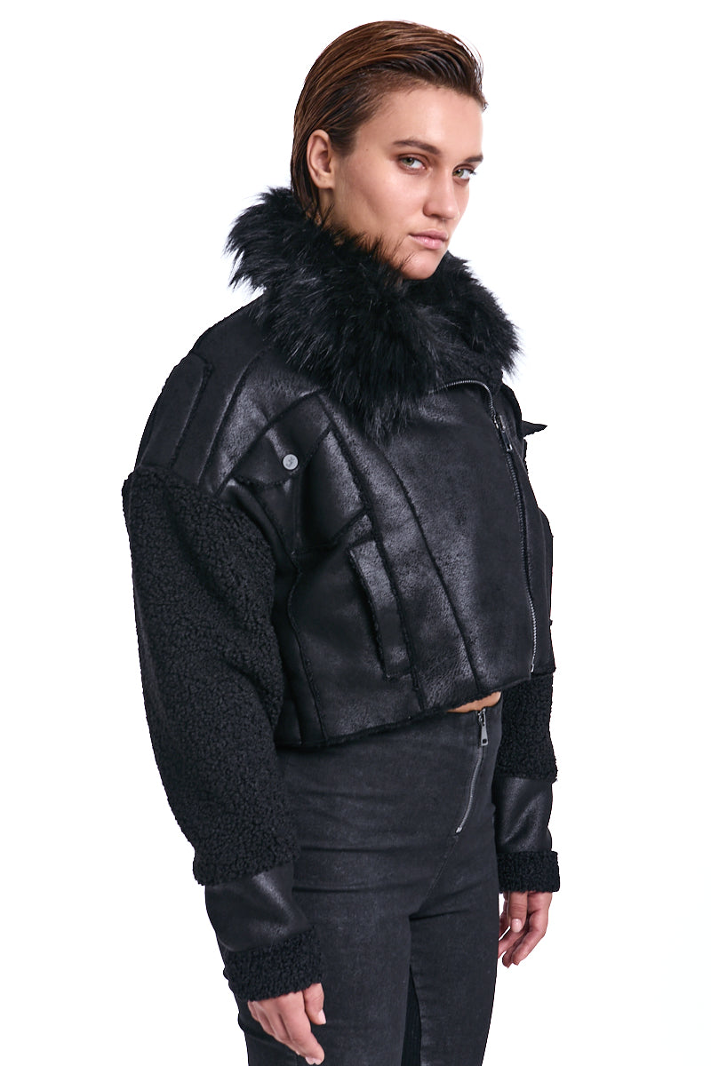 BLACK CROPPED VEGAN SHEEPSKIN &amp; FUR JACKET