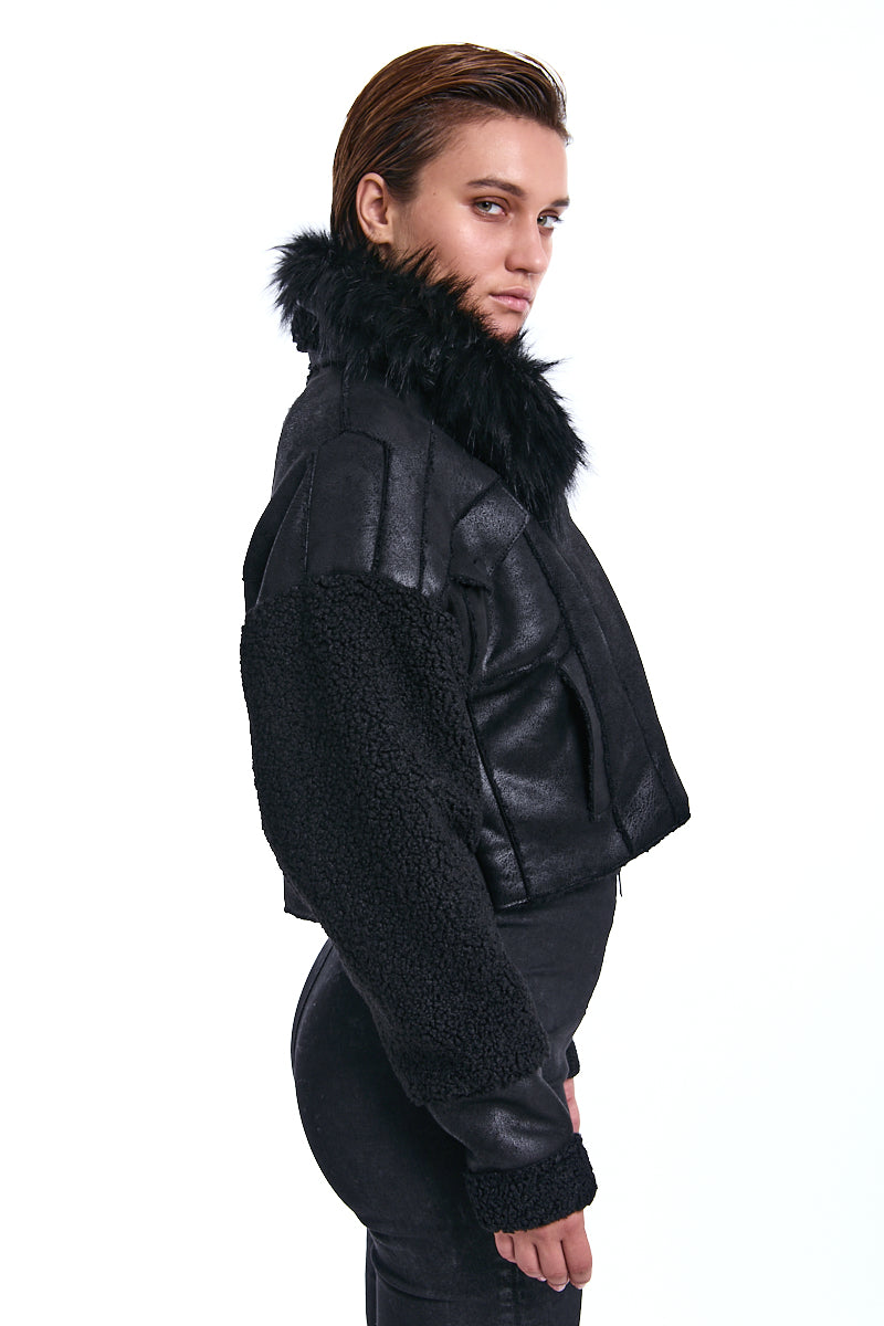 BLACK CROPPED VEGAN SHEEPSKIN &amp; FUR JACKET