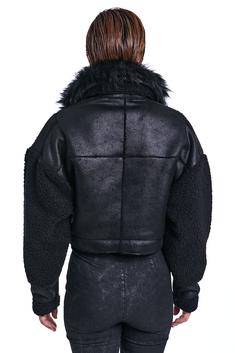 BLACK CROPPED VEGAN SHEEPSKIN & FUR JACKET