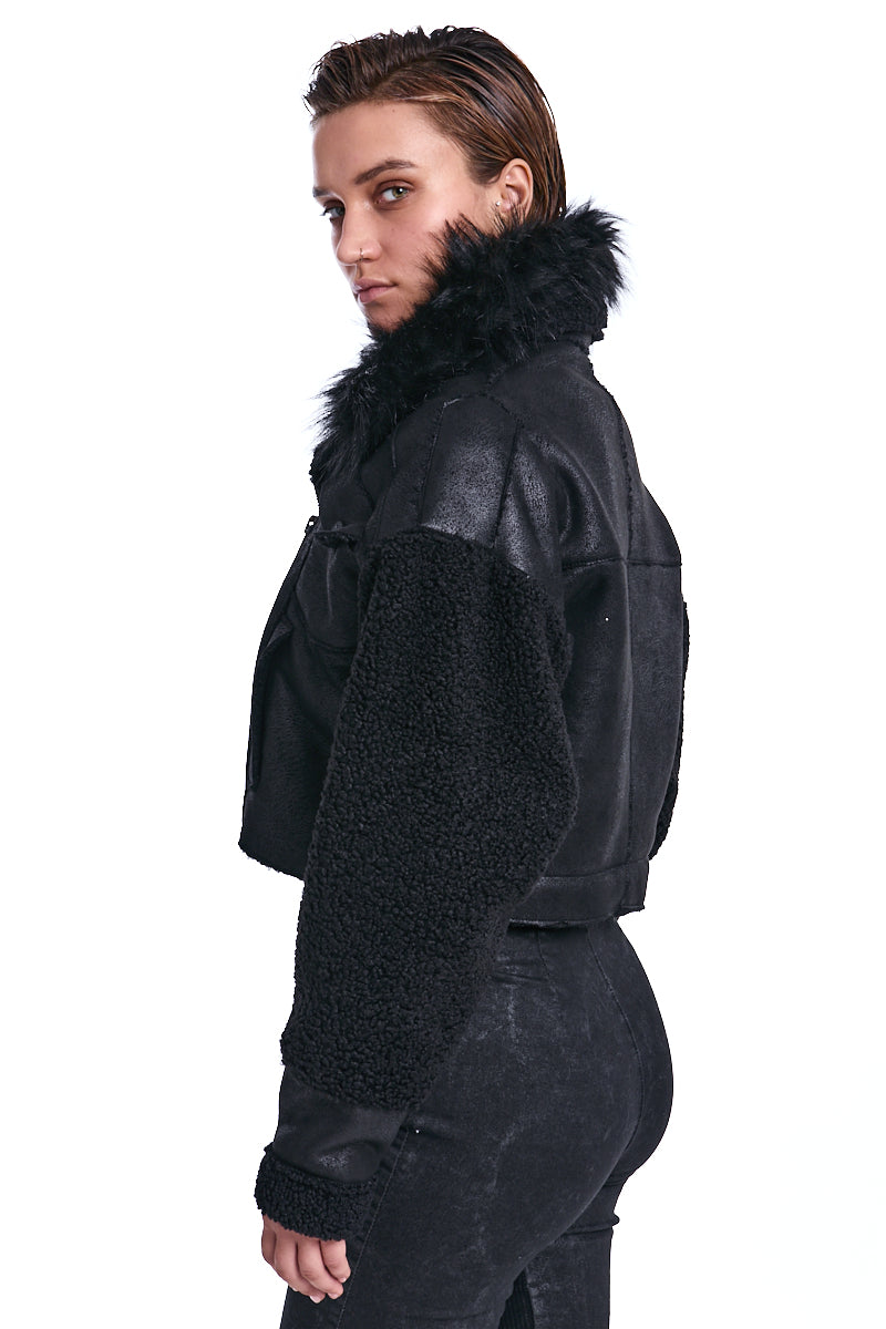 BLACK CROPPED VEGAN SHEEPSKIN &amp; FUR JACKET