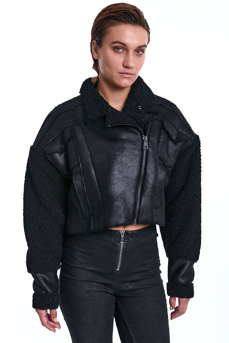 BLACK CROPPED VEGAN SHEEPSKIN &amp; FUR JACKET